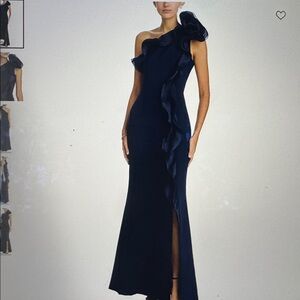 Teri Jon by Rickie Freeman Elegant Navy Blue Ruffle One Shoulder Gown